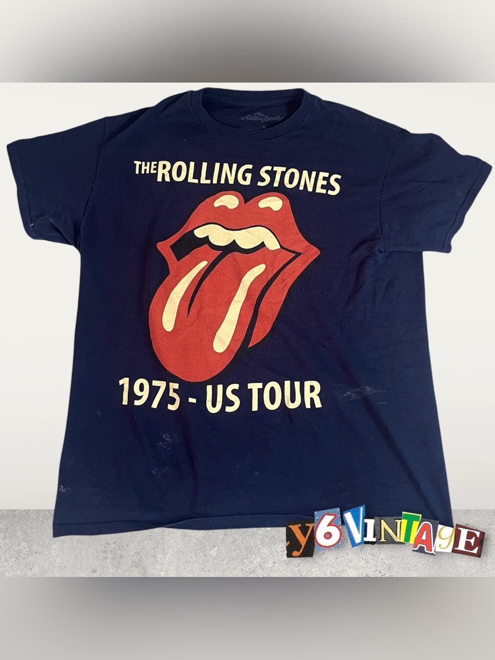 Medium Rolling Stones Navy Blue 1975 US Tour Tongue Logo T-Shirt